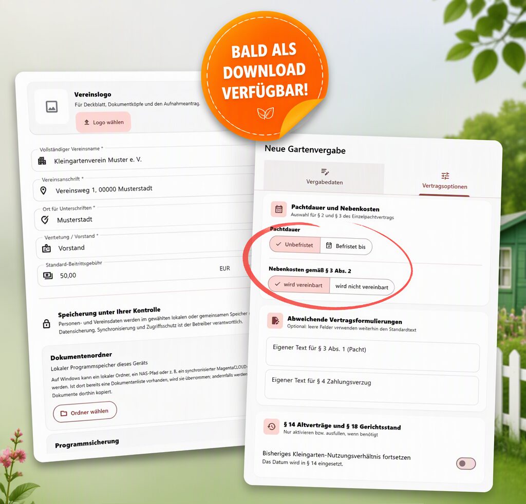 Das „10-Minuten-Paket“ – Software zu Vergabe von Kleingärten und Aufnahme als Mitglied – Bald als Download